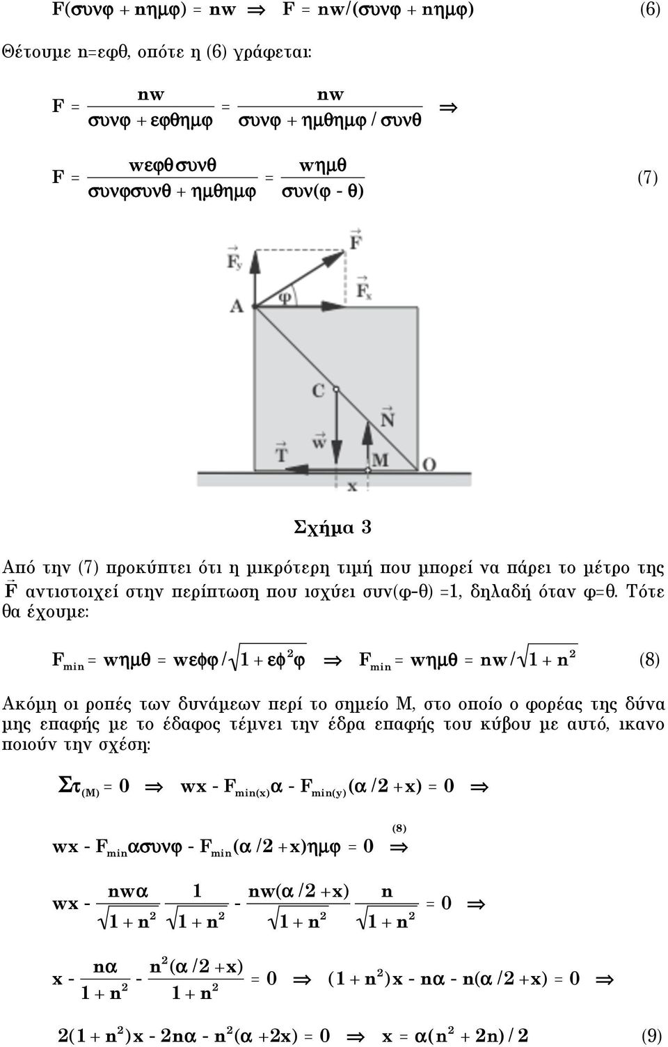 Τότε θα έχουµε: F min = wµ" = w#$% / + #$ % F min = wµ" = nw/ + n 8) Aκόµη οι ροπές των δυνάµεων περί το σηµείο Μ, στο οποίο ο φορέας της δύνα µης επαφής µε το έδαφος τέµνει την έδρα