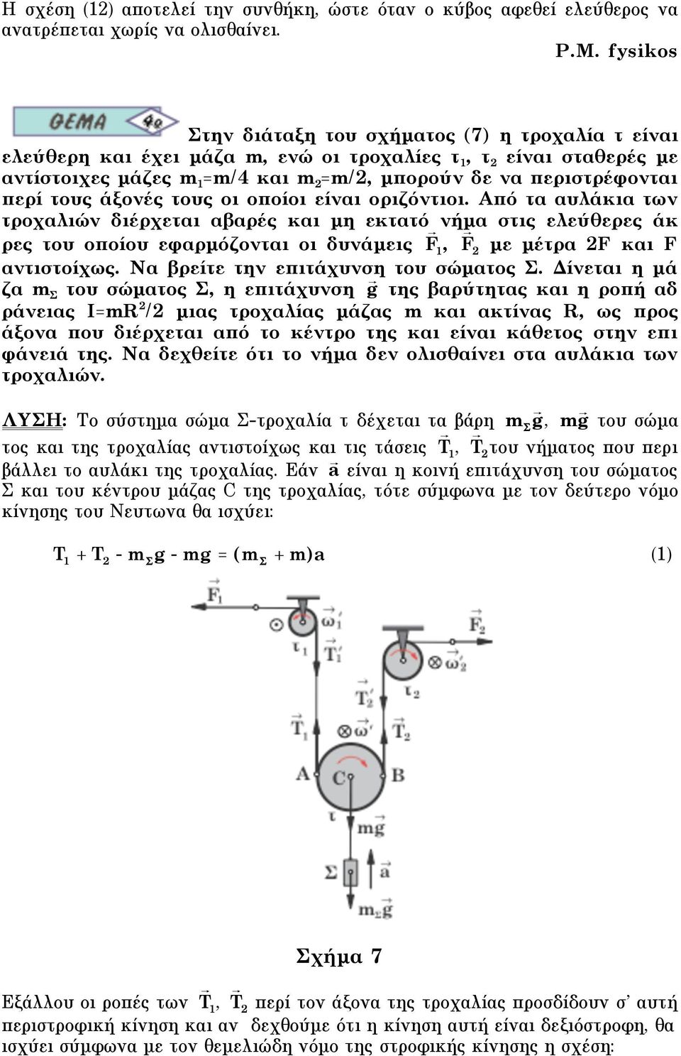 άξονές τους οι οποίοι είναι οριζόντιοι. Από τα αυλάκια των τροχαλιών διέρχεται αβαρές και µη εκτατό νήµα στις ελεύθερες άκ ρες του οποίου εφαρµόζονται οι δυνάµεις F, F µε µέτρα F και F αντιστοίχως.