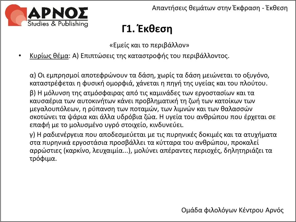 β) Η μόλυνση της ατμόσφαιρας από τις καμινάδες των εργοστασίων και τα καυσαέρια των αυτοκινήτων κάνει προβληματική τη ζωή των κατοίκων των μεγαλουπόλεων, η ρύπανση των ποταμών, των λιμνών και των