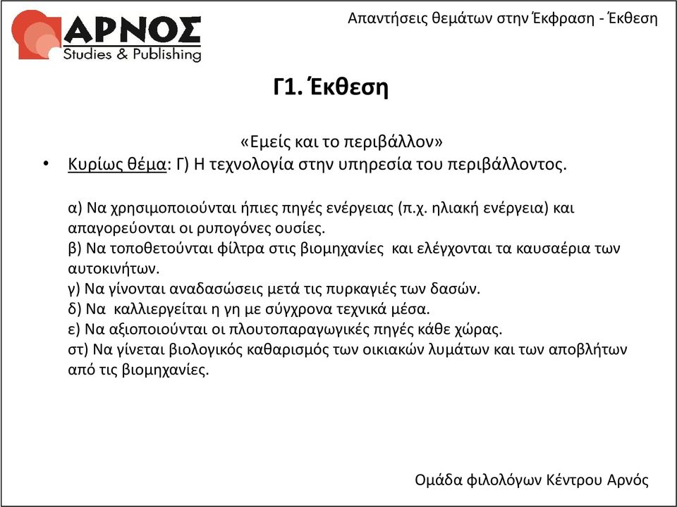 γ) Να γίνονται αναδασώσεις μετά τις πυρκαγιές των δασών. δ) Να καλλιεργείται η γη με σύγχρονα τεχνικά μέσα.