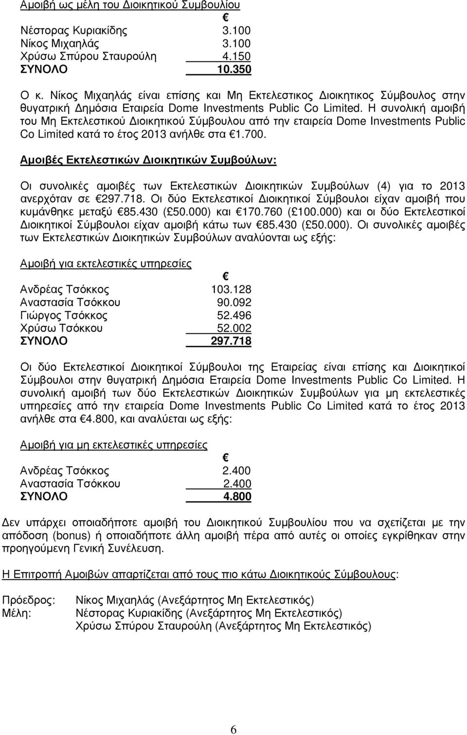 Η συνολική αµοιβή του Μη Εκτελεστικού ιοικητικού Σύµβουλου από την εταιρεία Dome Investments Public Co Limited κατά το έτος 2013 ανήλθε στα 1.700.