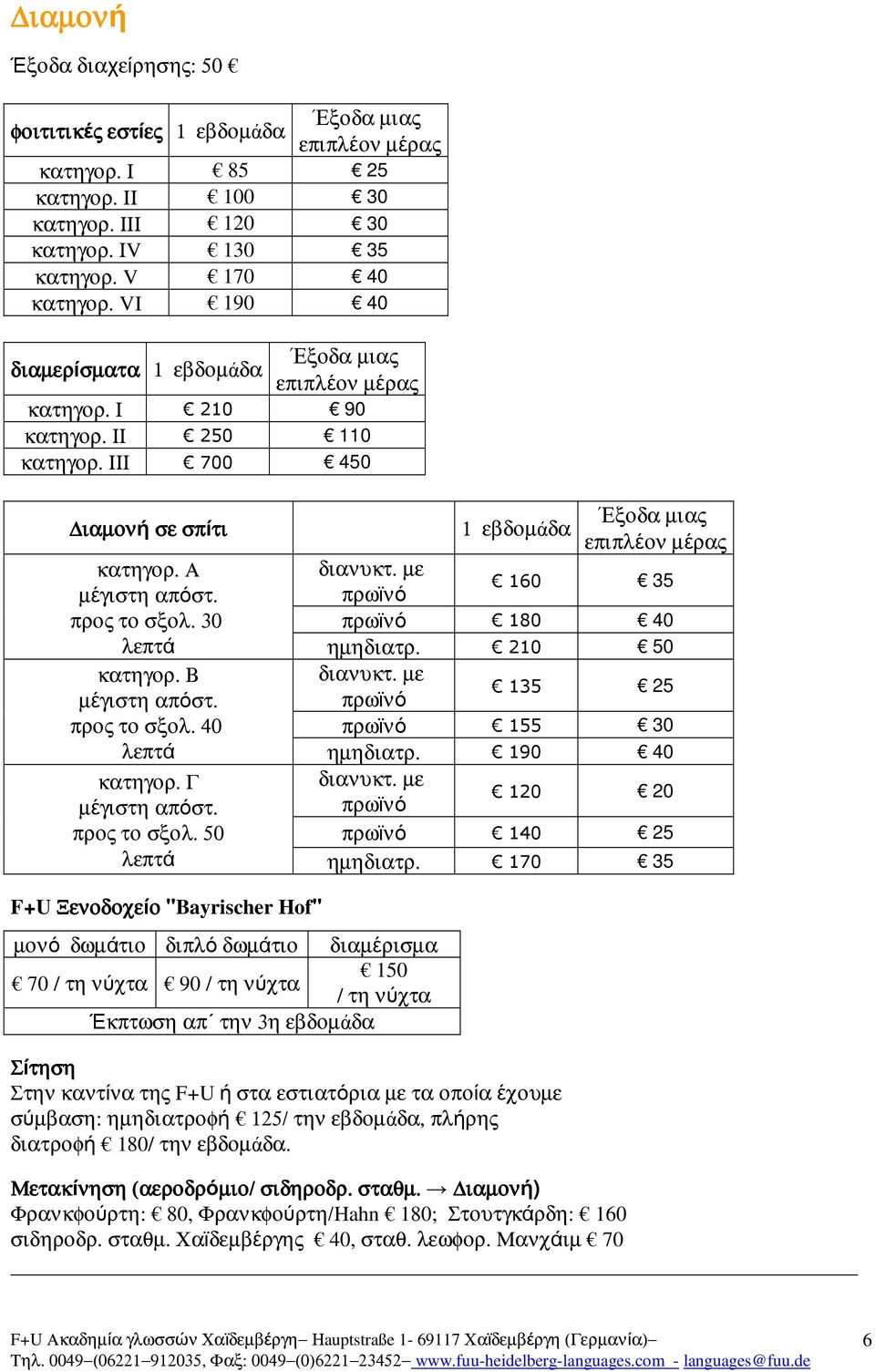 Β µέγιστη απόστ. προς το σξολ. 40 λεπτά κατηγορ. Γ µέγιστη απόστ. προς το σξολ. 50 λεπτά Έξοδα µιας 1 εβδοµάδα επιπλέον µέρας διανυκτ. µε πρωϊνό 160 35 πρωϊνό 180 40 ηµηδιατρ. 210 50 διανυκτ.