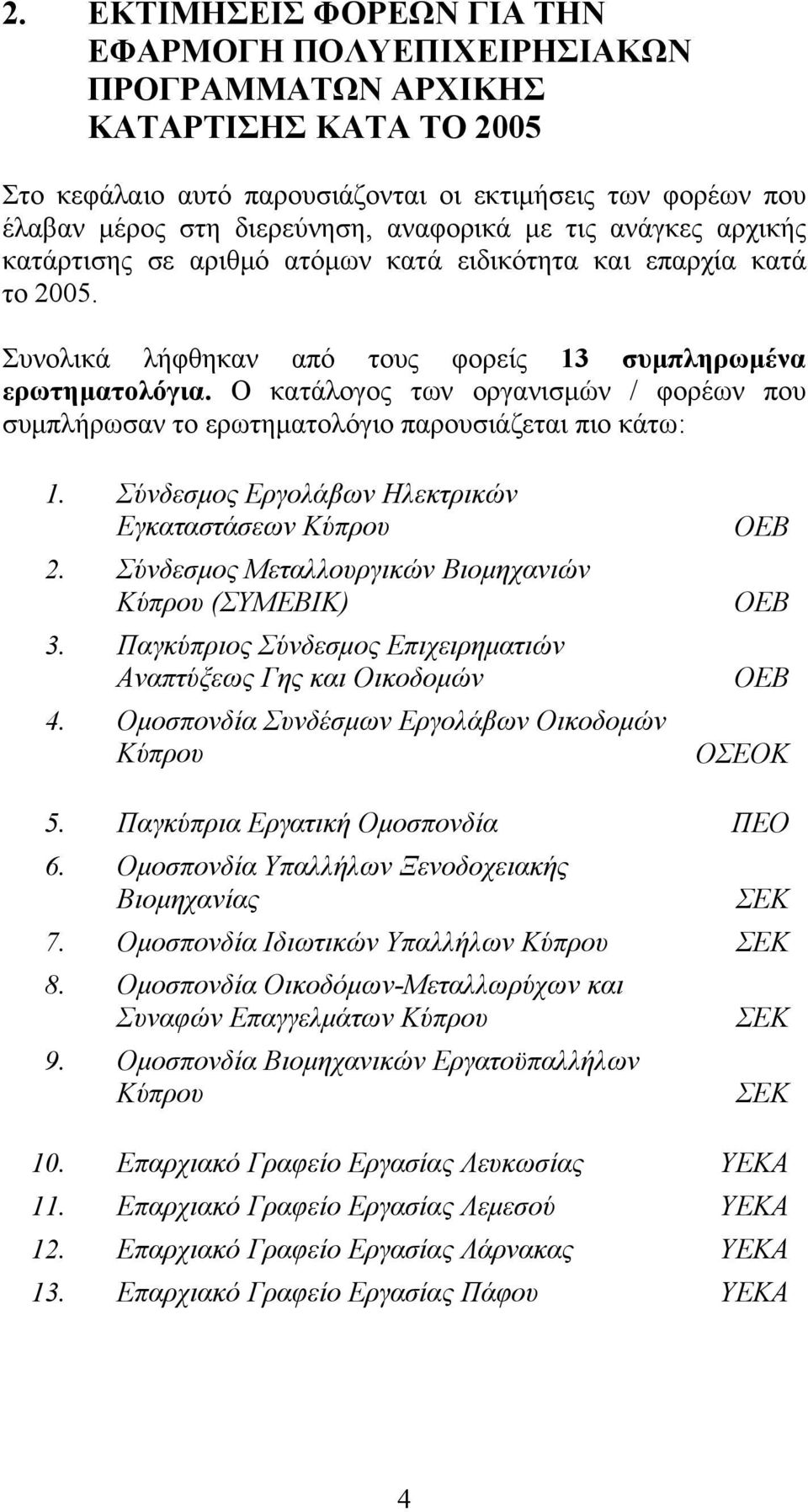 Ο κατάλογος των οργανισμών / φορέων που συμπλήρωσαν το ερωτηματολόγιο παρουσιάζεται πιο κάτω: 1. Σύνδεσμος Εργολάβων Ηλεκτρικών Εγκαταστάσεων Κύπρου 2.