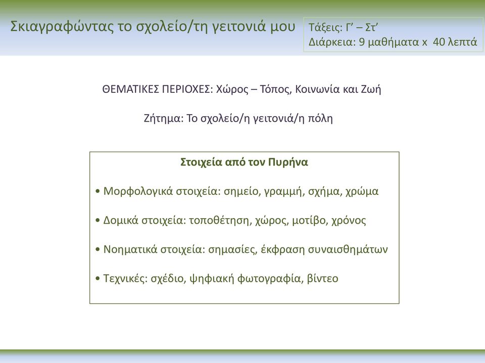 στοιχεία: σημείο, γραμμή, σχήμα, χρώμα Δομικά στοιχεία: τοποθέτηση, χώρος, μοτίβο, χρόνος