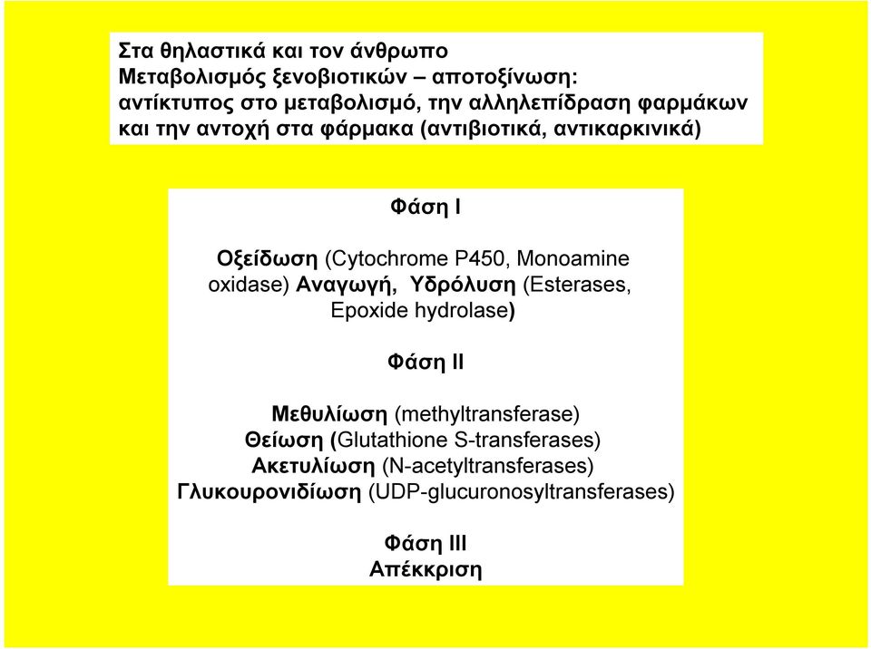 Monoamine oxidase) Αναγωγή, Υδρόλυση (Esterases, Epoxide hydrolase) Φάση ΙΙ Μεθυλίωση (methyltransferase) Θείωση