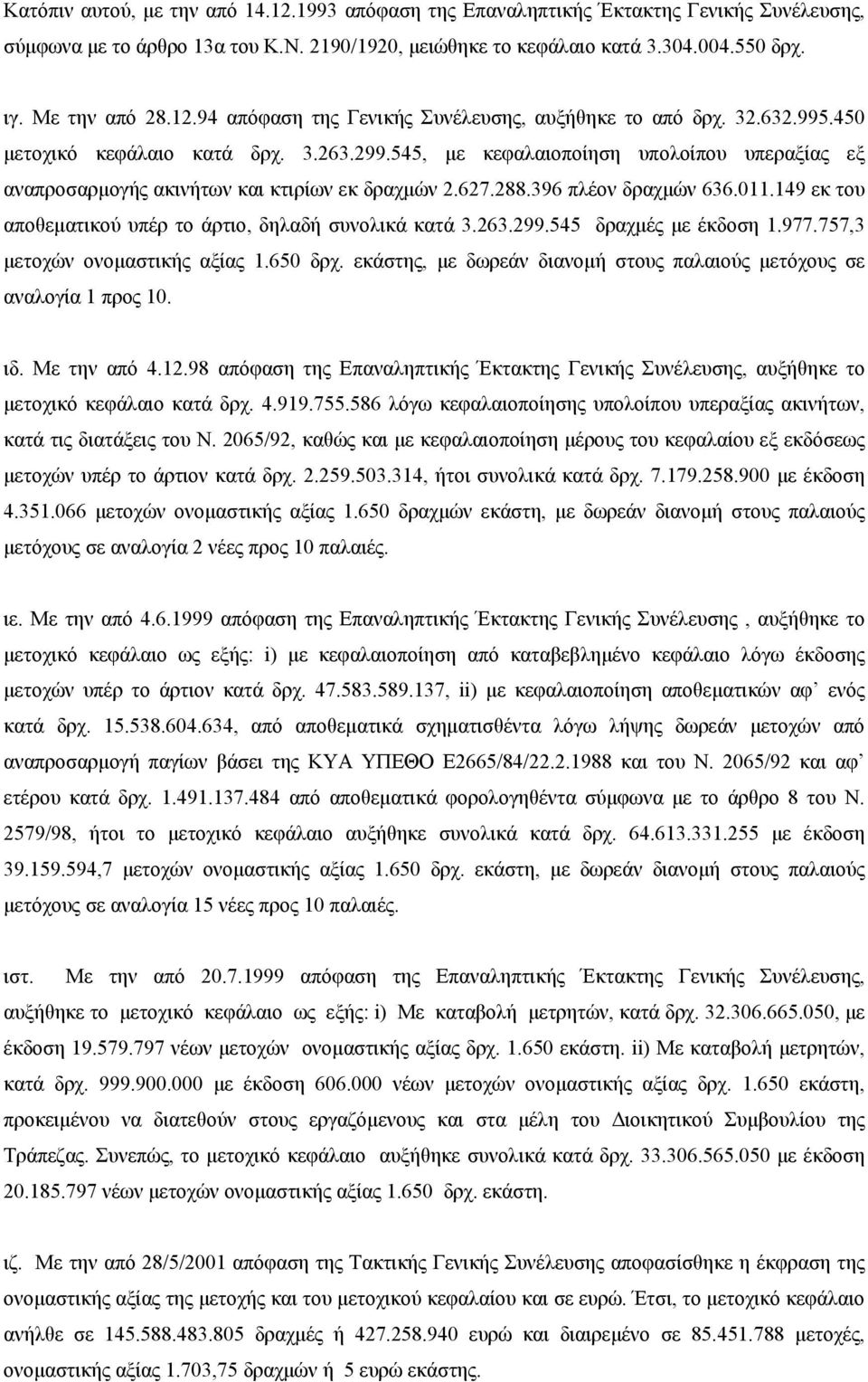 545, με κεφαλαιοποίηση υπολοίπου υπεραξίας εξ αναπροσαρμογής ακινήτων και κτιρίων εκ δραχμών 2.627.288.396 πλέον δραχμών 636.011.149 εκ του αποθεματικού υπέρ το άρτιο, δηλαδή συνολικά κατά 3.263.299.