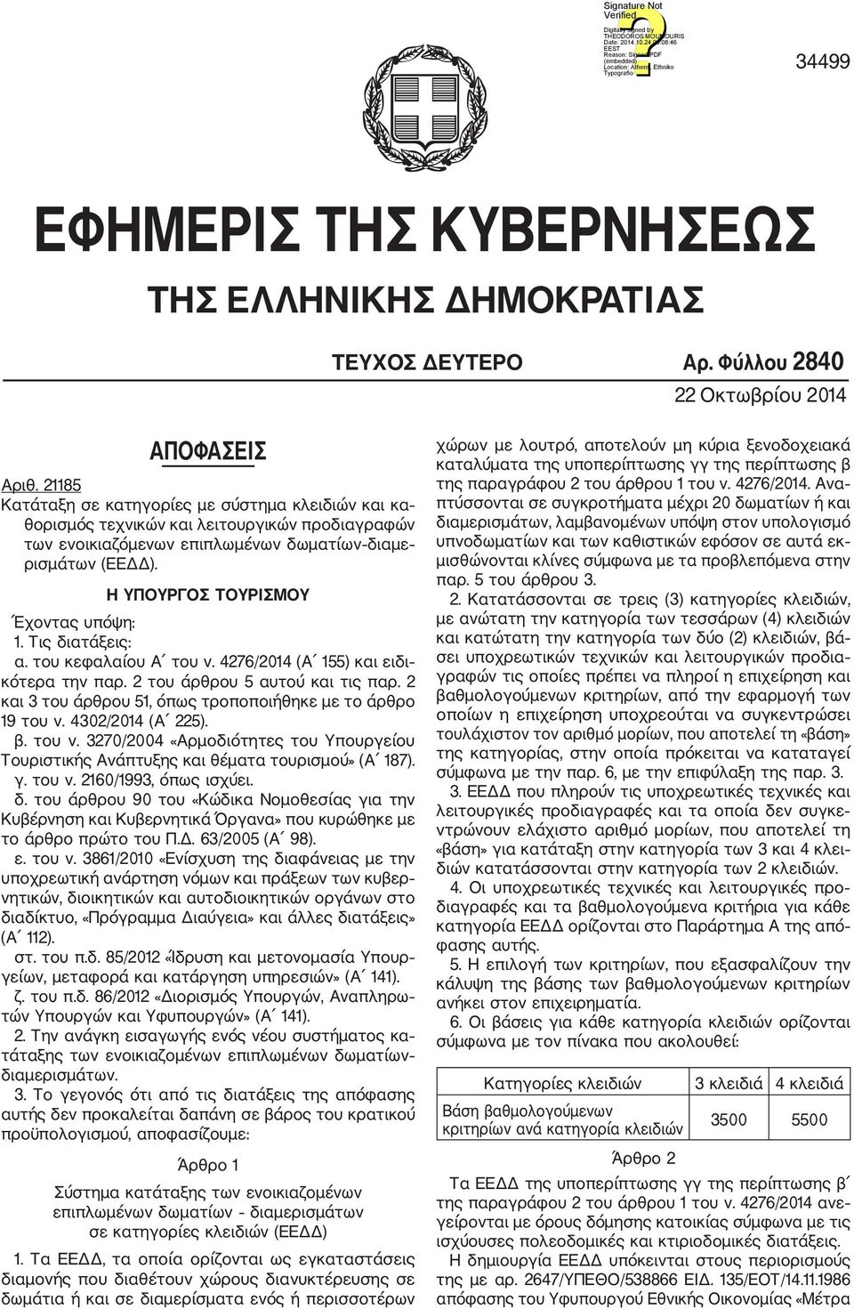 Η ΥΟΥΡΓΟΣ ΤΟΥΡΙΣΜΟΥ Έχοντας υπόψη: 1. Τις διατάξεις: α. του κεφαλαίου A του ν. 76/01 (A 155) και ειδι κότερα την παρ. του άρθρου 5 αυτού και τις παρ.