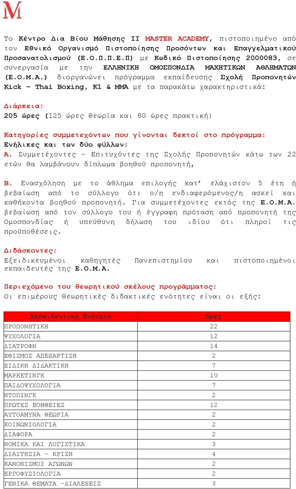 ) δηνξγαλψλεη πξφγξακκα εθπαίδεπζεο ρνιή Πξνπνλεηώλ Kick Thai Boxing, K1 & MMA κε ηα παξαθάησ ραξαθηεξηζηηθά: Γηάξθεηα: 205 ώξεο (125 ψξεο ζεσξία θαη 80 ψξεο πξαθηηθή) Καηεγνξίεο ζπκκεηερόληωλ πνπ