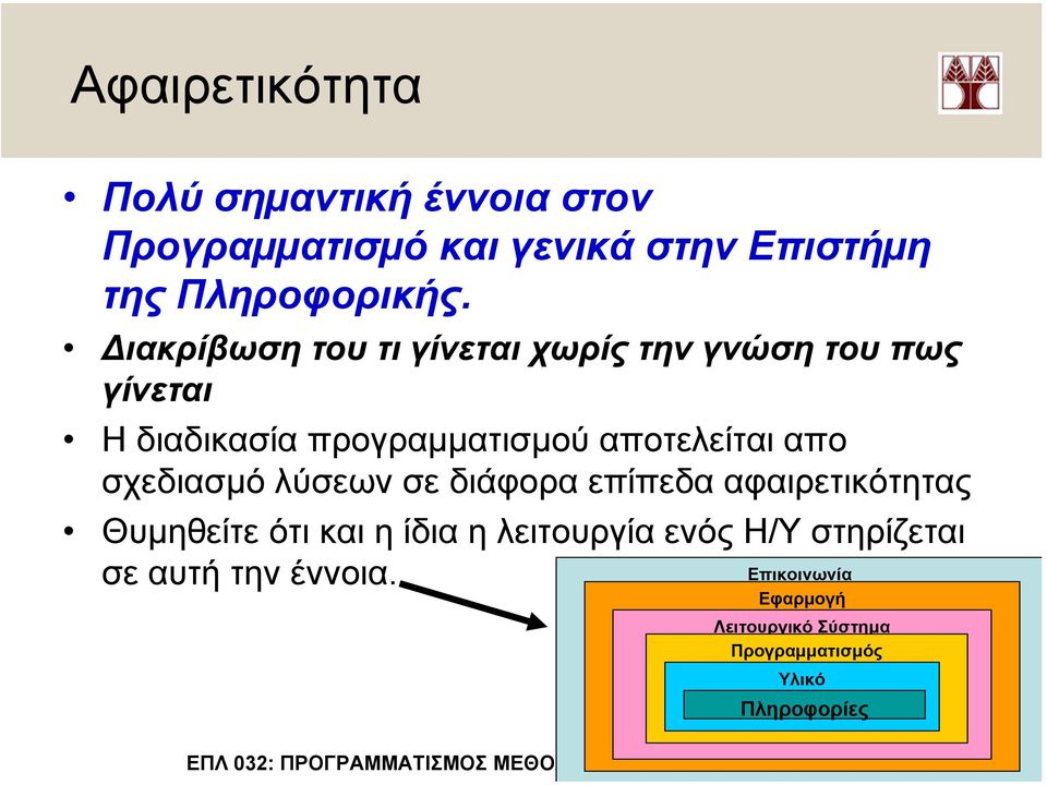 σχεδιασµό λύσεων σε διάφορα επίπεδα αφαιρετικότητας Θυµηθείτε ότι και η ίδια η λειτουργία ενός Η/Υ