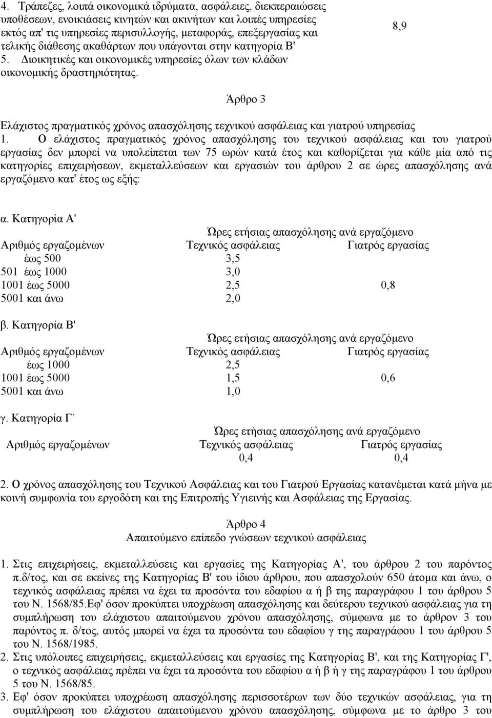 8,9 Άρθρο 3 Ελάχιστος πραγματικός χρόνος απασχόλησης τεχνικού ασφάλειας και γιατρού υπηρεσίας 1.