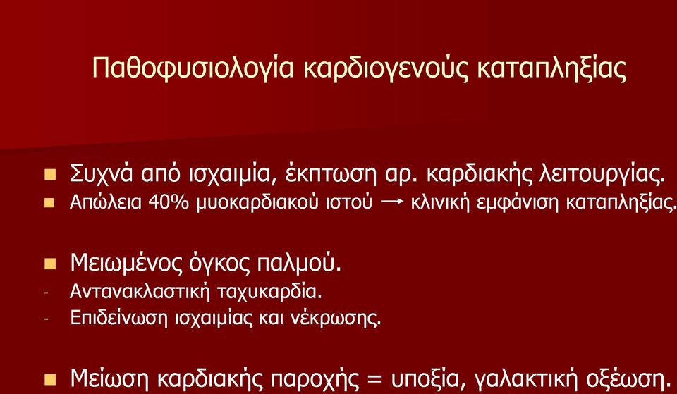 Απώλεια 40% υοκαρδιακού ιστού Μειωένος όγκος παλού.
