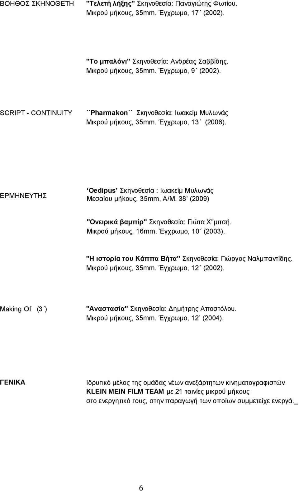 38 (2009) "Ονειπικά βαμπίπ" κηνοθεζία: Γιώηα Υ"μιηζή. Μικπού μήκοςρ, 16mm. Έγσπωμο, 10 (2003). "Η ιζηοπία ηος Κάππα Βήηα" κηνοθεζία: Γιώπγορ Ναλμπανηίδηρ. Μικπού μήκοςρ, 35mm. Έγσπωμο, 12 (2002).