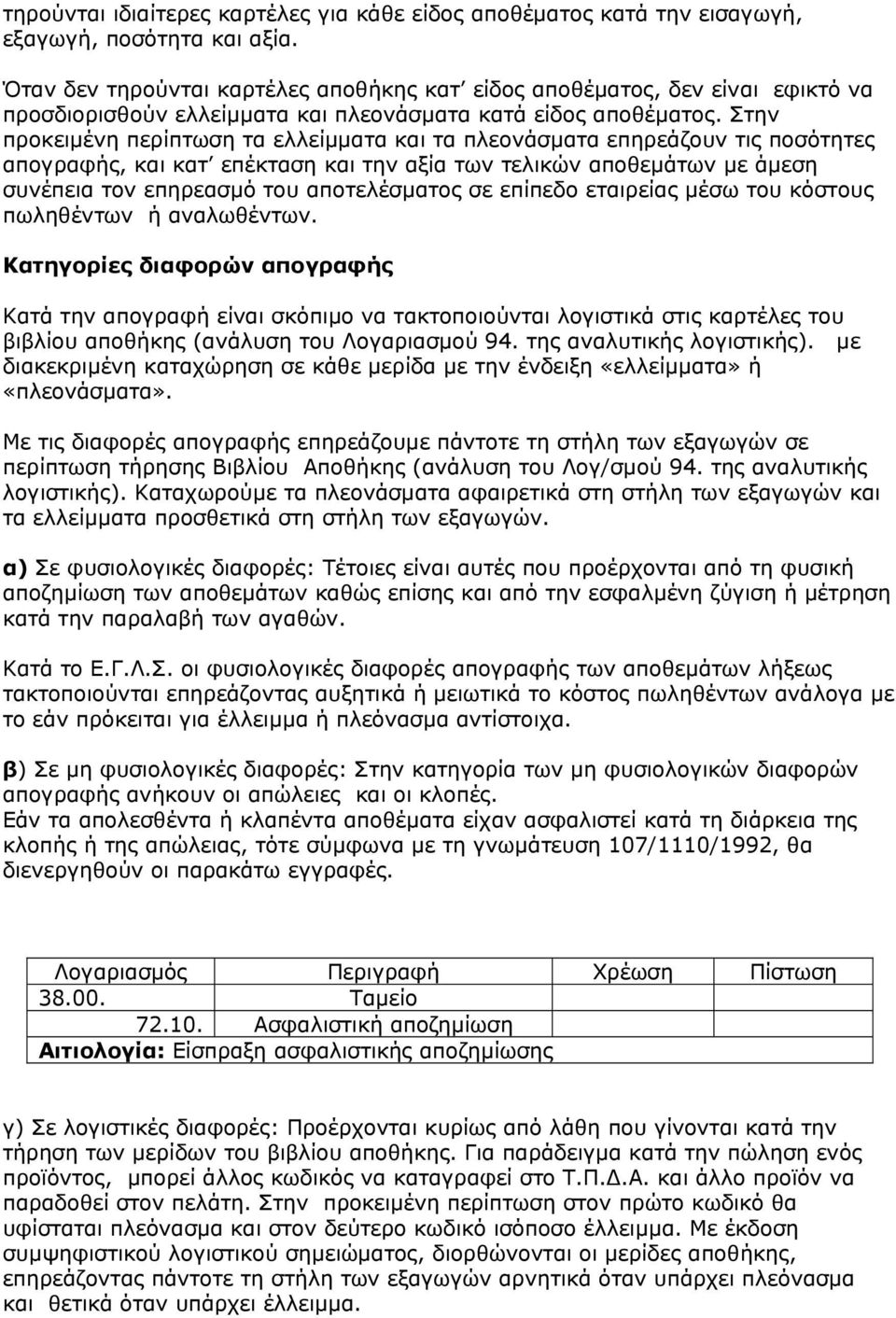 Στην προκειμένη περίπτωση τα ελλείμματα και τα πλεονάσματα επηρεάζουν τις ποσότητες απογραφής, και κατ επέκταση και την αξία των τελικών αποθεμάτων με άμεση συνέπεια τον επηρεασμό του αποτελέσματος