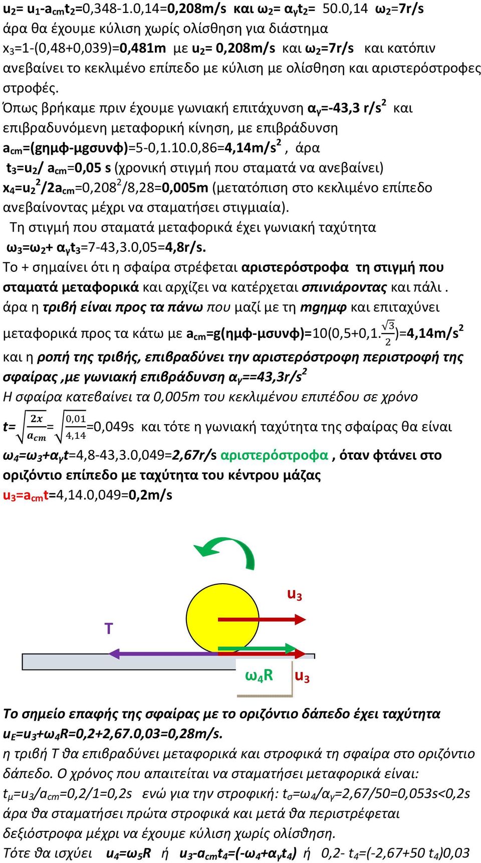 αριστερόστροφες στροφές. Όπως βρήκαμε πριν έχουμε γωνιακή επιτάχυνση α γ =-43,3 r/s 2 και επιβραδυνόμενη μεταφορική κίνηση, με επιβράδυνση a cm =(gημφ-μgσυνφ)=5-0,1.10.