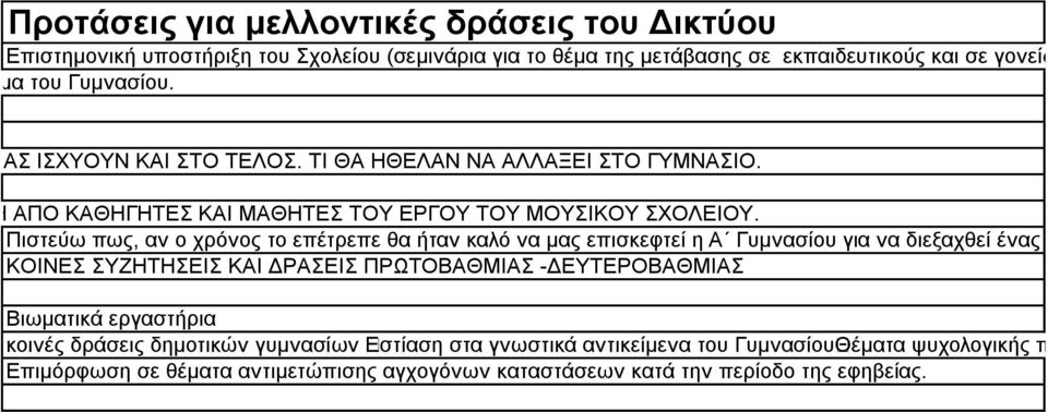 Πηζηεύσ πσο, αλ ν ρξόλνο ην επέηξεπε ζα ήηαλ θαιό λα καο επηζθεθηεί ε Α Γπκλαζίνπ γηα λα δηεμαρζεί έλαο δηάινγνο κε ΚΟΗΝΔ ΤΕΖΣΖΔΗ ΚΑΗ ΓΡΑΔΗ ΠΡΧΣΟΒΑΘΜΗΑ -ΓΔΤΣΔΡΟΒΑΘΜΗΑ