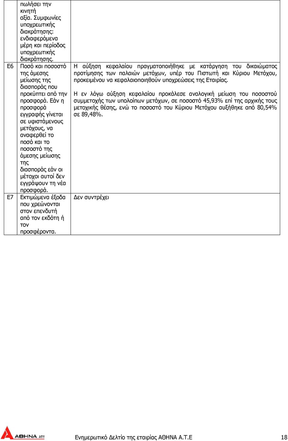 Εάν η προσφορά εγγραφής γίνεται σε υφιστάµενους µετόχους, να αναφερθεί το ποσό και το ποσοστό της άµεσης µείωσης της διασποράς εάν οι µέτοχοι αυτοί δεν εγγράψουν τη νέα προσφορά.