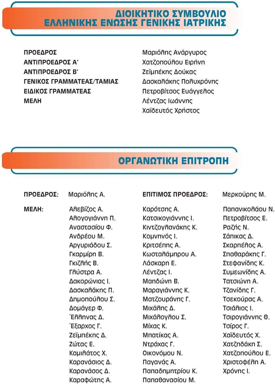 Ανδρέου Μ. Αργυριάδου Σ. Γκαρμίρη Β. Γκιζλής Β. Γλύστρα Α. Δακορώνιας Ι. Δασκαλάκης Π. Δημοπούλου Σ. Δομάγερ Φ. Έλληνας Δ. Έξαρχος Γ. Ζεϊμπέκης Δ. Ζώτας Ε. Καμιλάτος Χ. Καρανάσιος Δ. Καρανάσος Δ.