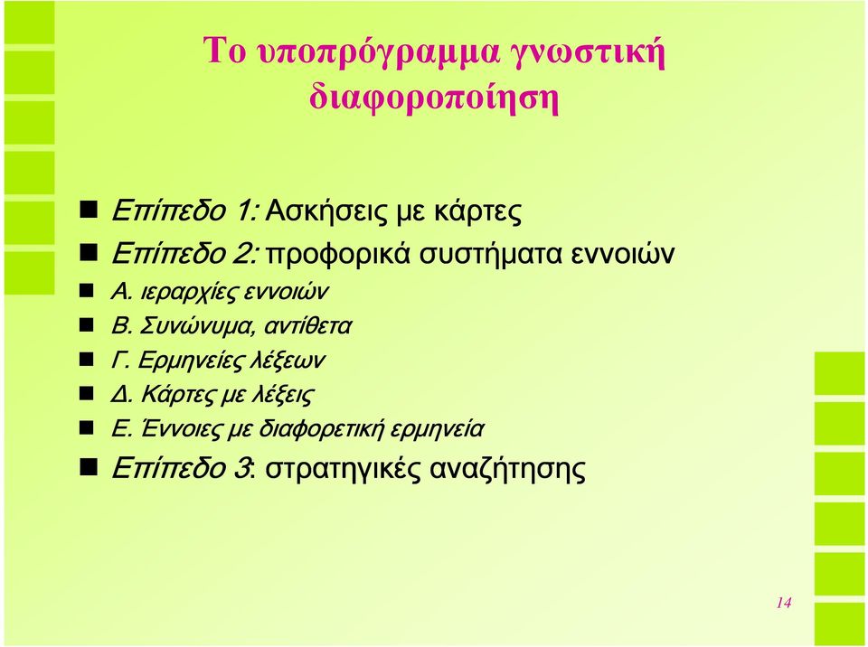 ιεραρχίες εννοιών B. Συνώνυμα, αντίθετα Γ. Ερμηνείες λέξεων Δ.