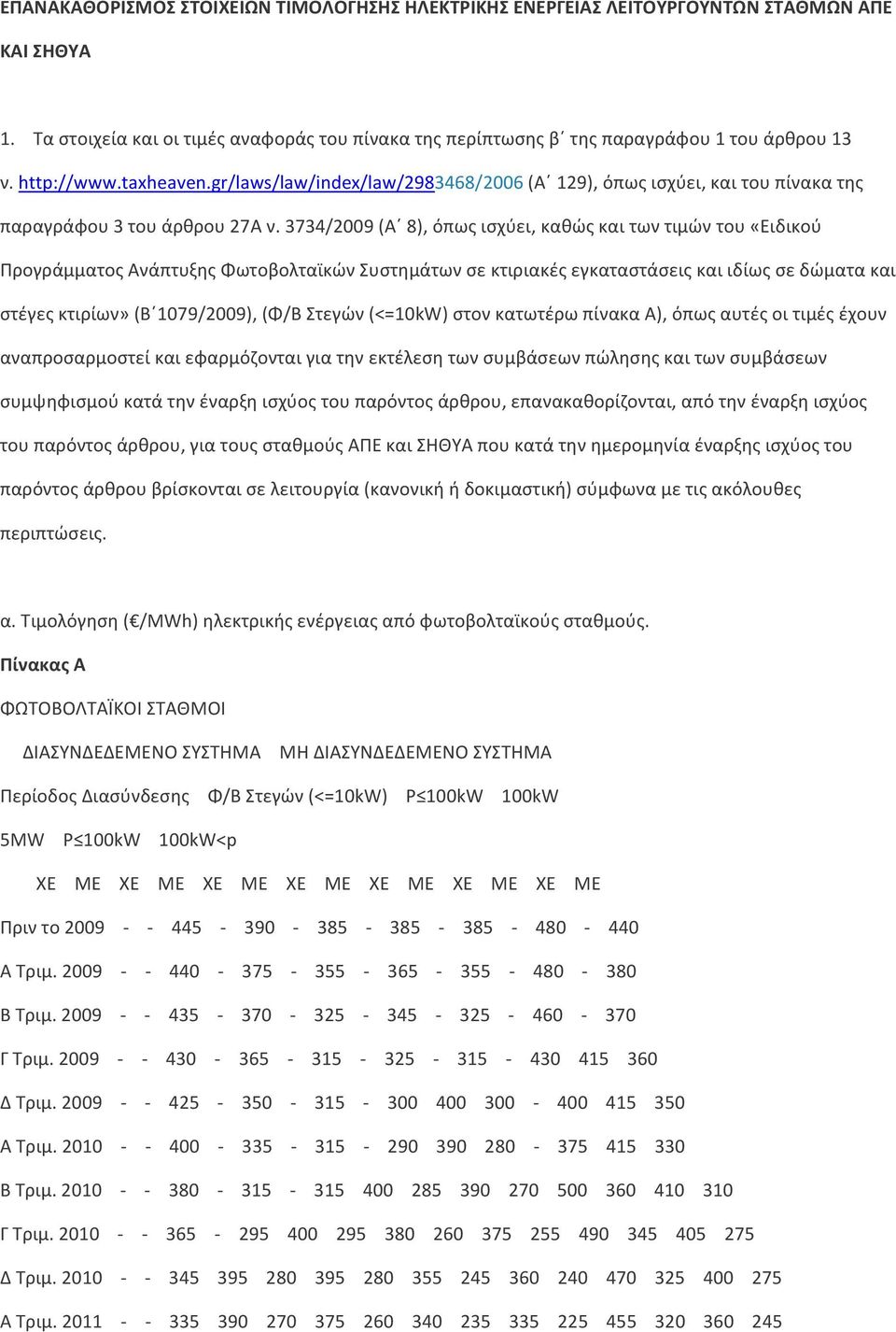 3734/2009 (Α 8), όπως ισχύει, καθώς και των τιμών του «Ειδικού Προγράμματος Ανάπτυξης Φωτοβολταϊκών Συστημάτων σε κτιριακές εγκαταστάσεις και ιδίως σε δώματα και στέγες κτιρίων» (Β 1079/2009), (Φ/Β