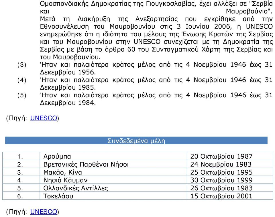 Μαυροβουνίου στην UNESCO συνεχίζεται με τη Δημοκρατία της Σερβίας με βάση το άρθρο 60 του Συνταγματικού Χάρτη της Σερβίας και του Μαυροβουνίου.
