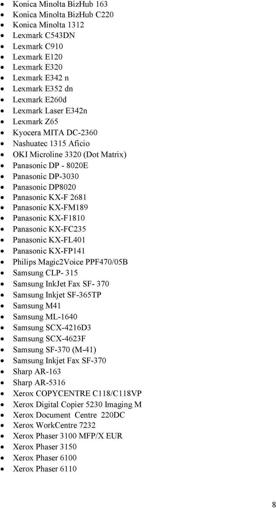 Panasonic KX-FC235 Panasonic KX-FL401 Panasonic KX-FP141 Philips Magic2Voice PPF470/05B Samsung CLP- 315 Samsung InkJet Fax SF- 370 Samsung Inkjet SF-365TP Samsung M41 Samsung ML-1640 Samsung