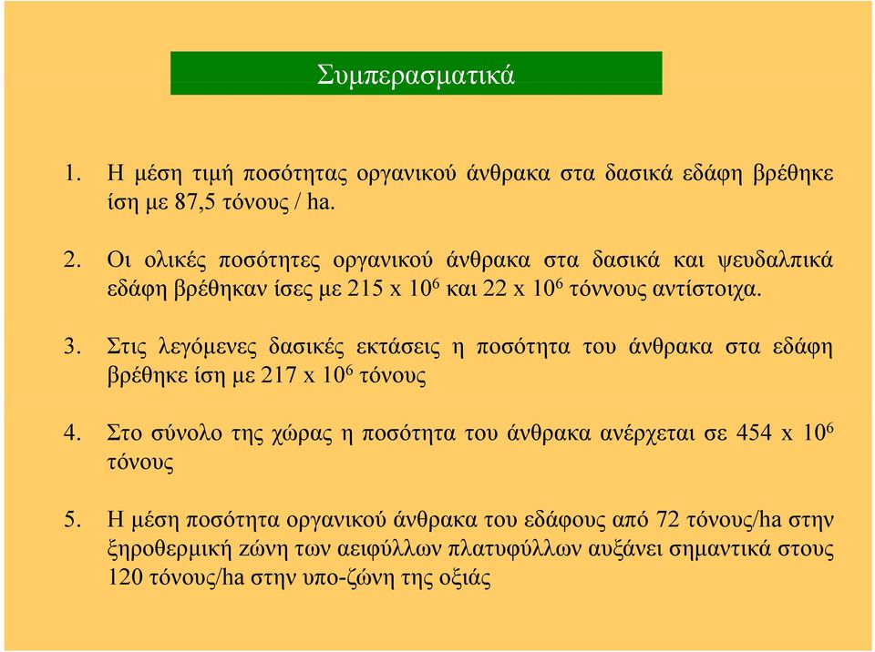 Στις λεγόμενες δασικές εκτάσεις η ποσότητα του άνθρακα στα εδάφη βρέθηκε ίση με 217x10 6 τόνους 4.