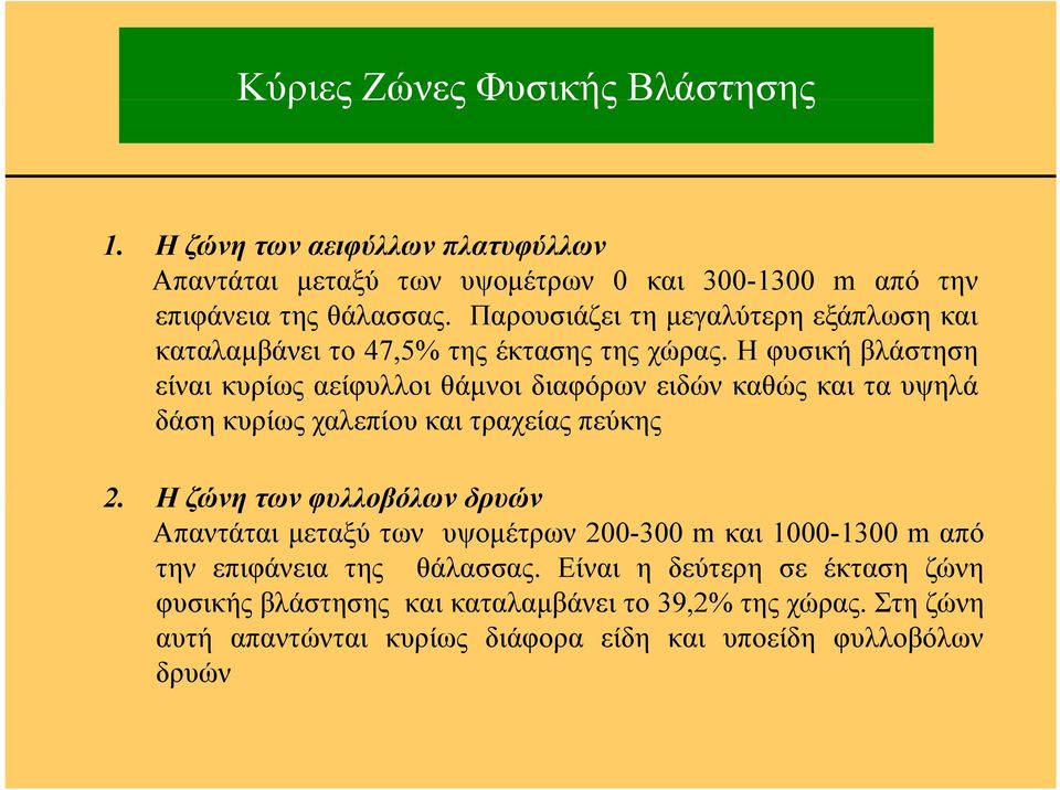 Η φυσική βλάστηση είναι κυρίως αείφυλλοι θάμνοι διαφόρων ειδών καθώς και τα υψηλά δάση κυρίως χαλεπίου και τραχείας πεύκης 2.