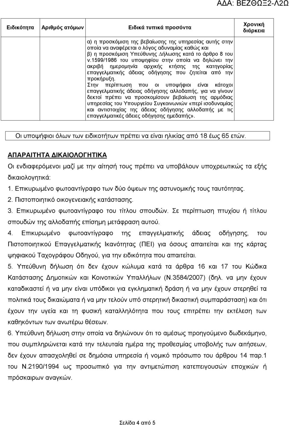 Στην περίπτωση που οι υποψήφιοι είναι κάτοχοι επαγγελµατικής άδειας οδήγησης αλλοδαπής, για να γίνουν δεκτοί πρέπει να προσκοµίσουν βεβαίωση της αρµόδιας υπηρεσίας του Υπουργείου Συγκοινωνιών «περί