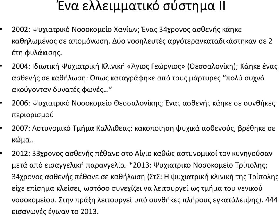 Θεσσαλονίκης; Ένας ασθενής κάηκε σε συνθήκες περιορισμού 2007: Αστυνομικό Τμήμα Καλλιθέας: κακοποίηση ψυχικά ασθενούς, βρέθηκε σε κώμα.