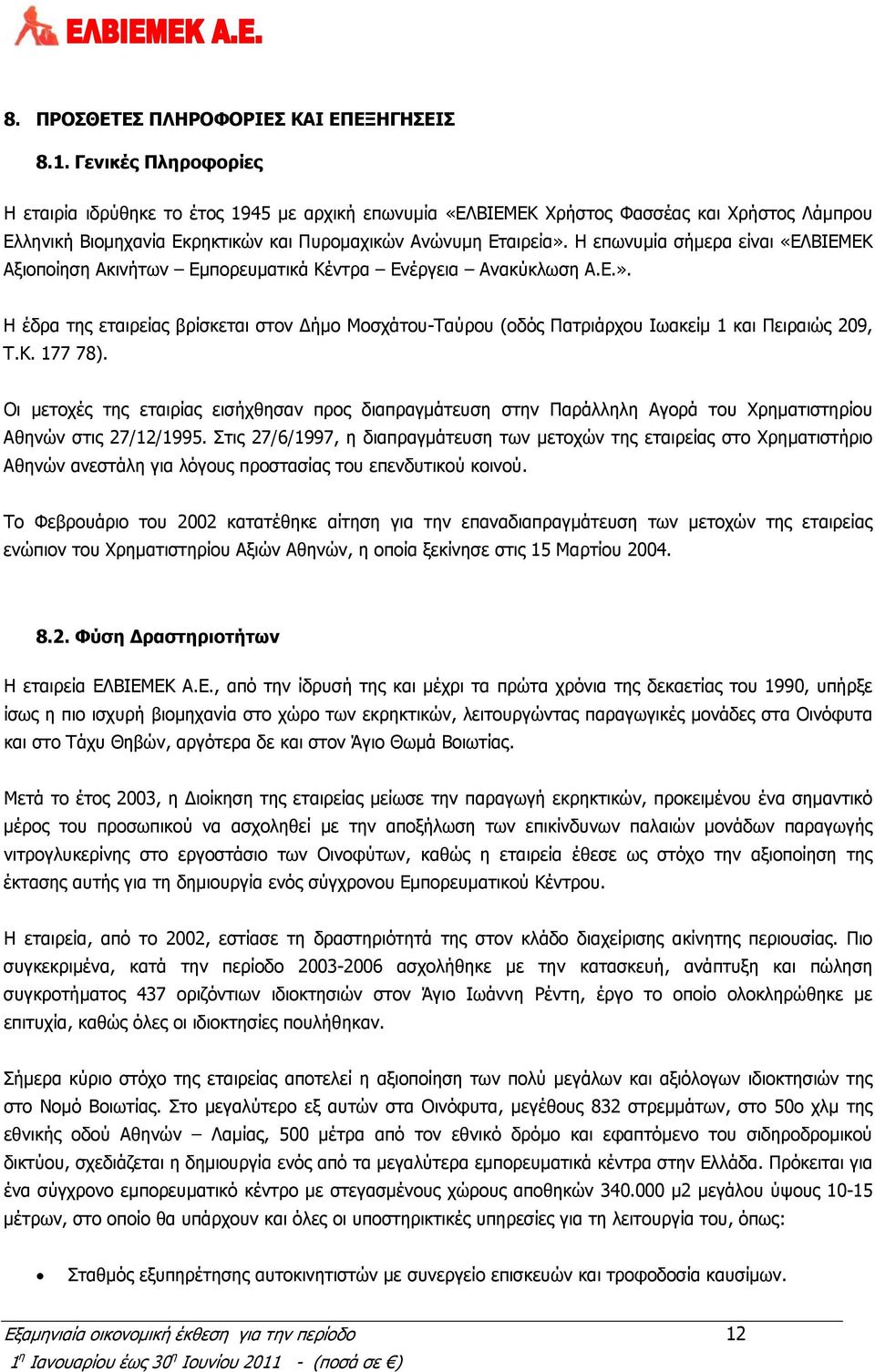 Η επωνυμία σήμερα είναι «ΕΛΒΙΕΜΕΚ Αξιοποίηση Ακινήτων Εμπορευματικά Κέντρα Ενέργεια Ανακύκλωση Α.Ε.».