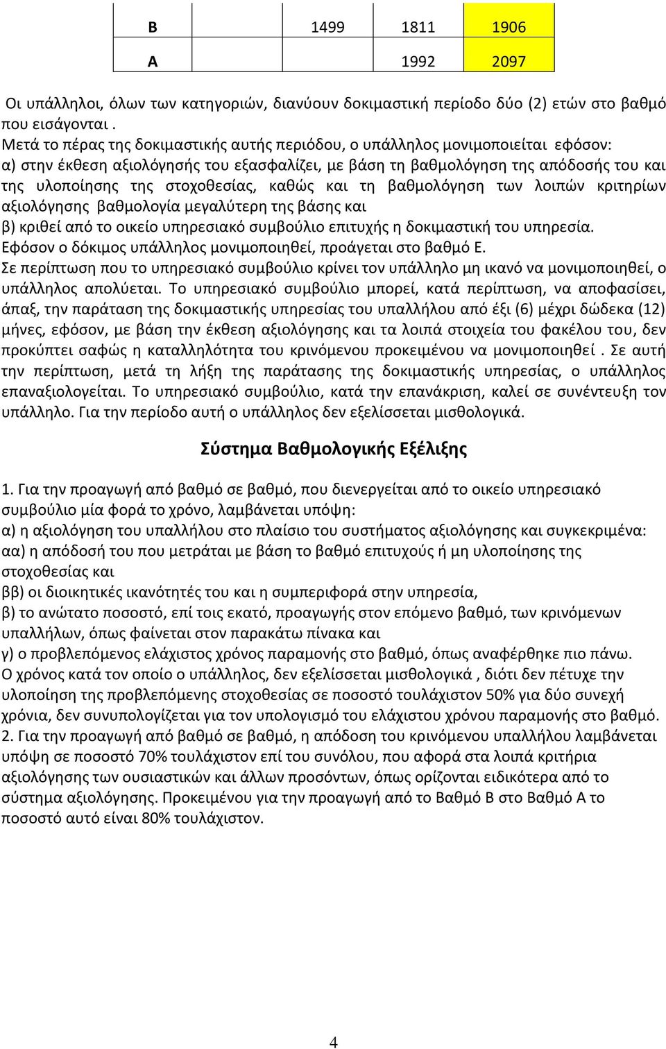 ςτοχοκεςίασ, κακϊσ και τθ βακμολόγθςθ των λοιπϊν κριτθρίων αξιολόγθςθσ βακμολογία μεγαλφτερθ τθσ βάςθσ και β) κρικεί από το οικείο υπθρεςιακό ςυμβοφλιο επιτυχισ θ δοκιμαςτικι του υπθρεςία.