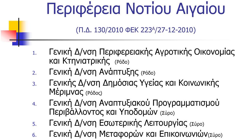 Γενική Δ/νση Ανάπτυξης (Ρόδο) 3. Γενικής Δ/νση Δημόσιας Υγείας και Κοινωνικής Μέριμνας (Ρόδος) 4.