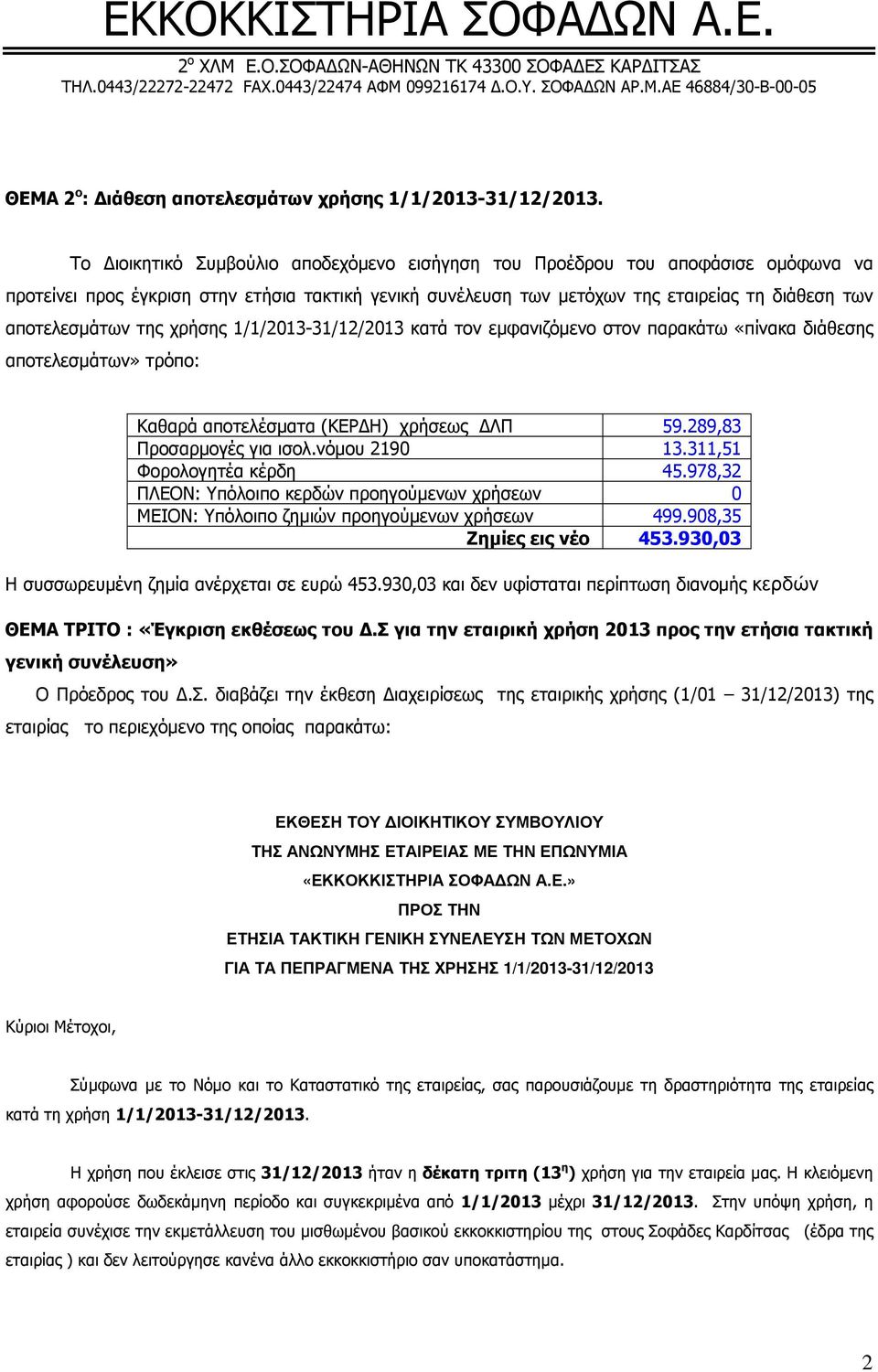 της 1/1/-31/12/ κατά τον εµφανιζόµενο στον παρακάτω «πίνακα διάθεσης αποτελεσµάτων» τρόπο: Η συσσωρευµένη ζηµία ανέρχεται σε ευρώ 453.