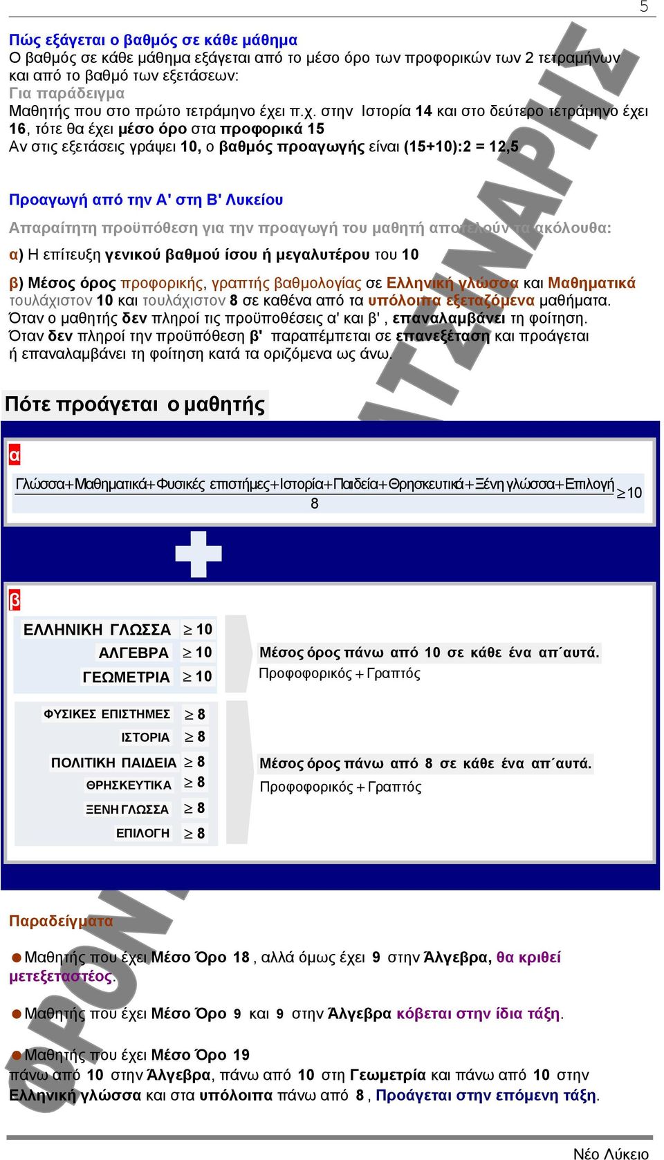 Λυκείου Απαραίτητη προϋπόθεση για την προαγωγή του µαθητή αποτελούν τα ακόλουθα: α) Η επίτευξη γενικού βαθµού ίσου ή µεγαλυτέρου του 10 β) Μέσος όρος προφορικής, γραπτής βαθµολογίας σε Ελληνική