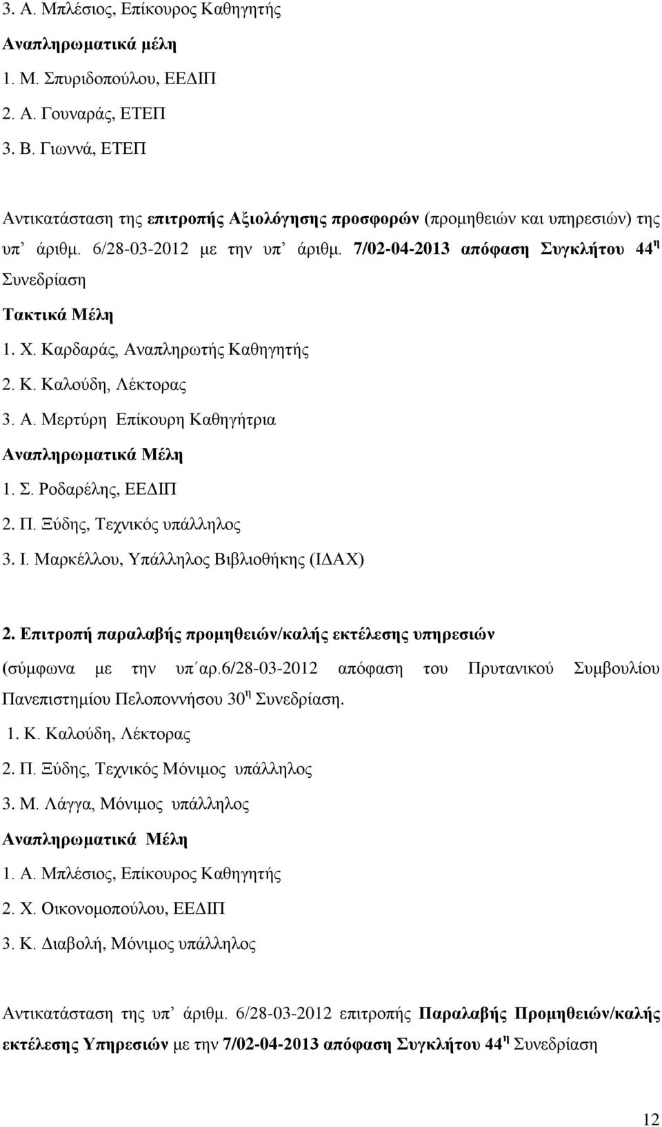 Καρδαράς, Αναπληρωτής Καθηγητής 2. Κ. Καλούδη, Λέκτορας 3. Α. Μερτύρη Επίκουρη Καθηγήτρια Αναπληρωματικά Μέλη 1. Σ. Ροδαρέλης, ΕΕΔΙΠ 2. Π. Ξύδης, Τεχνικός υπάλληλος 3. Ι.