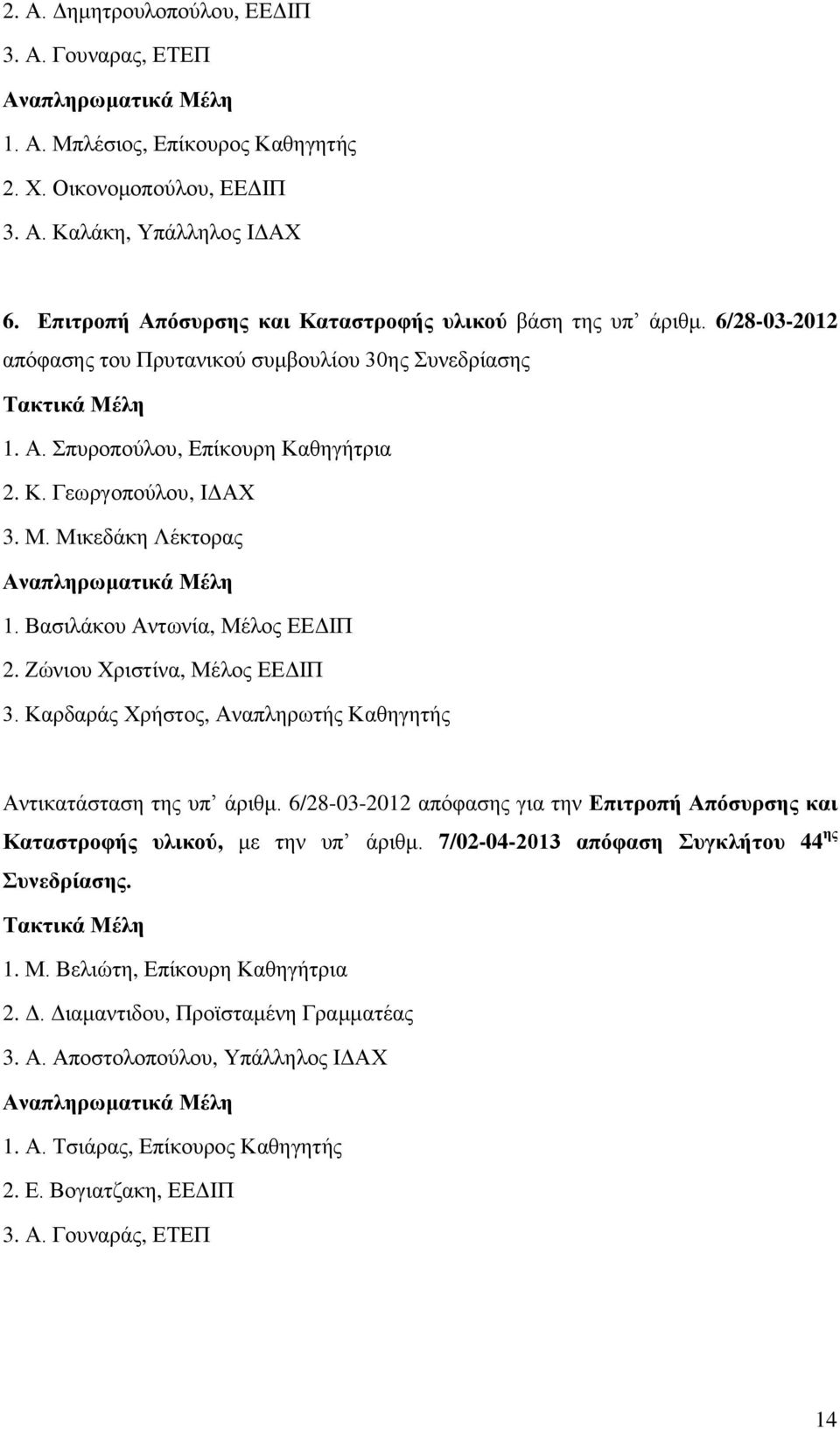 Μ. Μικεδάκη Λέκτορας Αναπληρωματικά Μέλη 1. Βασιλάκου Αντωνία, Μέλος ΕΕΔΙΠ 2. Ζώνιου Χριστίνα, Μέλος ΕΕΔΙΠ 3. Καρδαράς Χρήστος, Αναπληρωτής Καθηγητής Αντικατάσταση της υπ άριθμ.