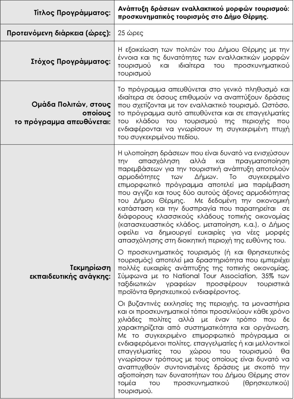 πρόγραμμα απευθύνεται στο γενικό πληθυσμό και ιδιαίτερα σε όσους επιθυμούν να αναπτύξουν δράσεις που σχετίζονται με τον εναλλακτικό τουρισμό.