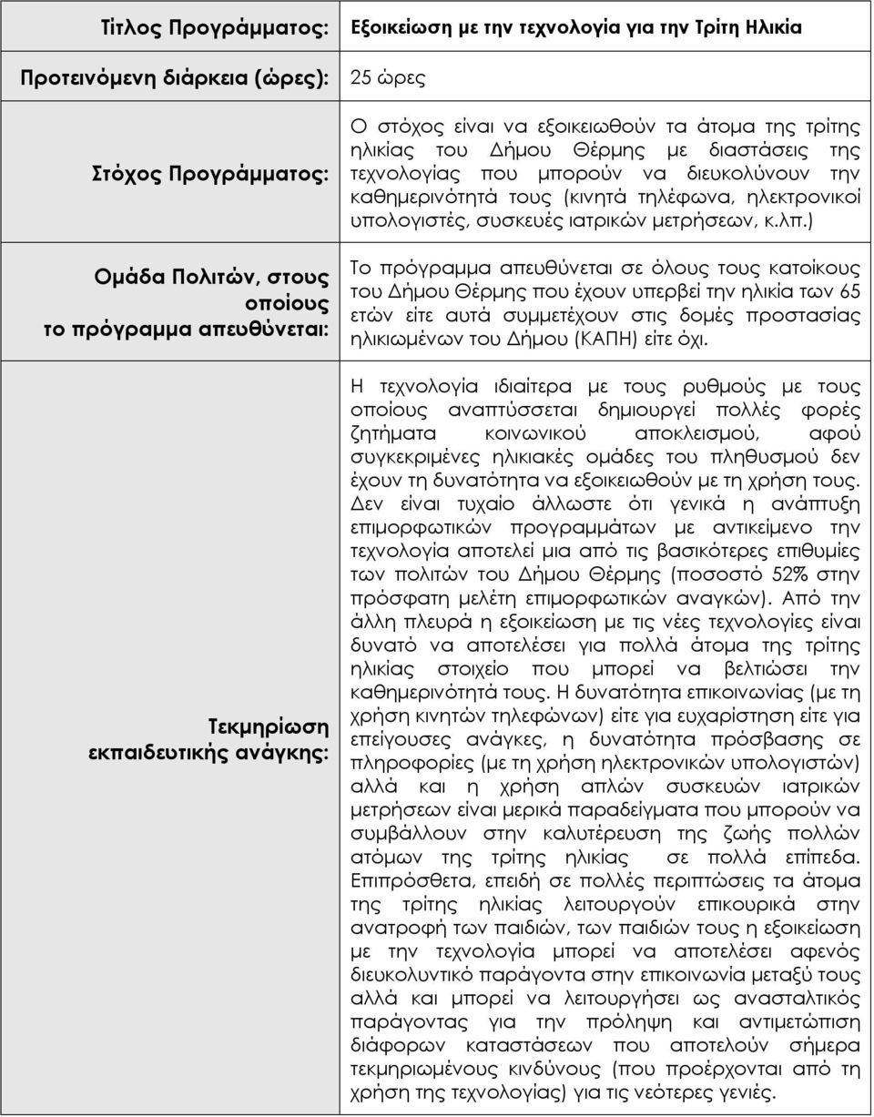 ) Το πρόγραμμα απευθύνεται σε όλους τους κατοίκους του Δήμου Θέρμης που έχουν υπερβεί την ηλικία των 65 ετών είτε αυτά συμμετέχουν στις δομές προστασίας ηλικιωμένων του Δήμου (ΚΑΠΗ) είτε όχι.