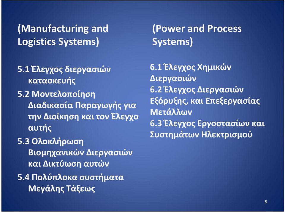3 Ολοκλήρωση Βιομηχανικών Διεργασιών και Δικτύωση αυτών 5.4 Πολύπλοκα συστήματα Μεγάλης Τάξεως 6.