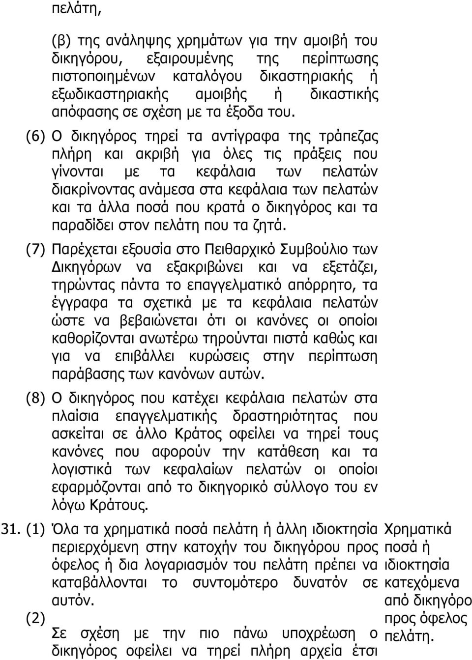 (6) Ο δικηγόρος τηρεί τα αντίγραφα της τράπεζας πλήρη και ακριβή για όλες τις πράξεις που γίνονται με τα κεφάλαια των πελατών διακρίνοντας ανάμεσα στα κεφάλαια των πελατών και τα άλλα ποσά που κρατά