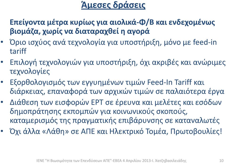 Feed-In Tariff και διάρκειας, επαναφορά των αρχικών τιμών σε παλαιότερα έργα Διάθεση των εισφορών ΕΡΤ σε έρευνα και μελέτες και εσόδων
