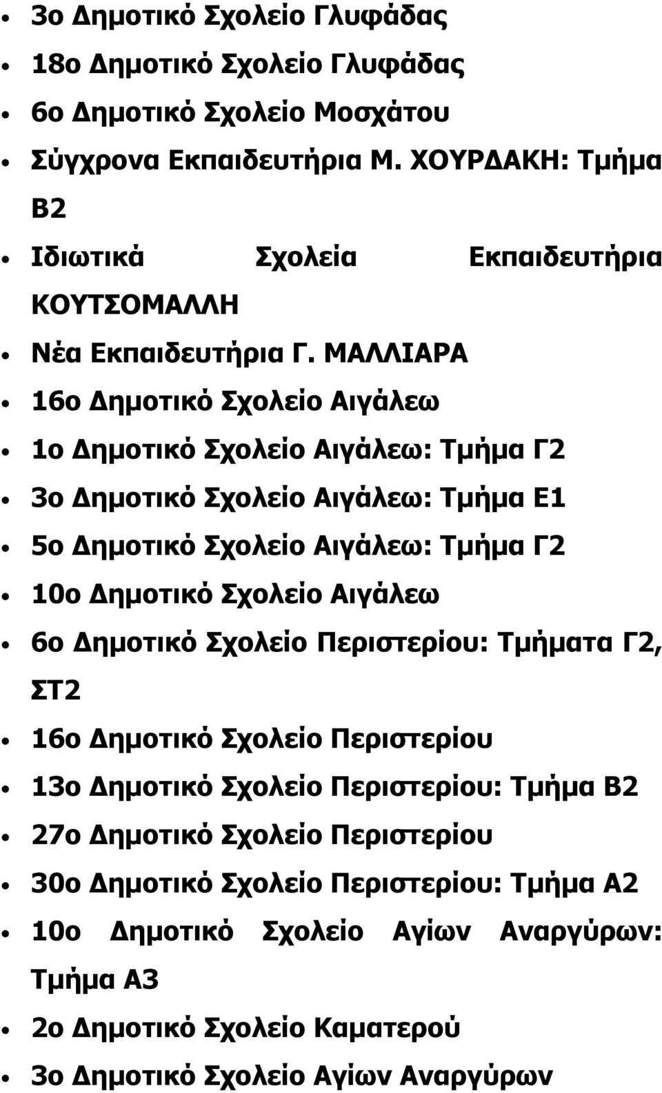 ΜΑΛΛΙΑΡΑ 16ο Δημοτικό Σχολείο Αιγάλεω 1ο Δημοτικό Σχολείο Αιγάλεω: Τμήμα Γ2 3ο Δημοτικό Σχολείο Αιγάλεω: Τμήμα Ε1 5ο Δημοτικό Σχολείο Αιγάλεω: Τμήμα Γ2 10ο Δημοτικό Σχολείο