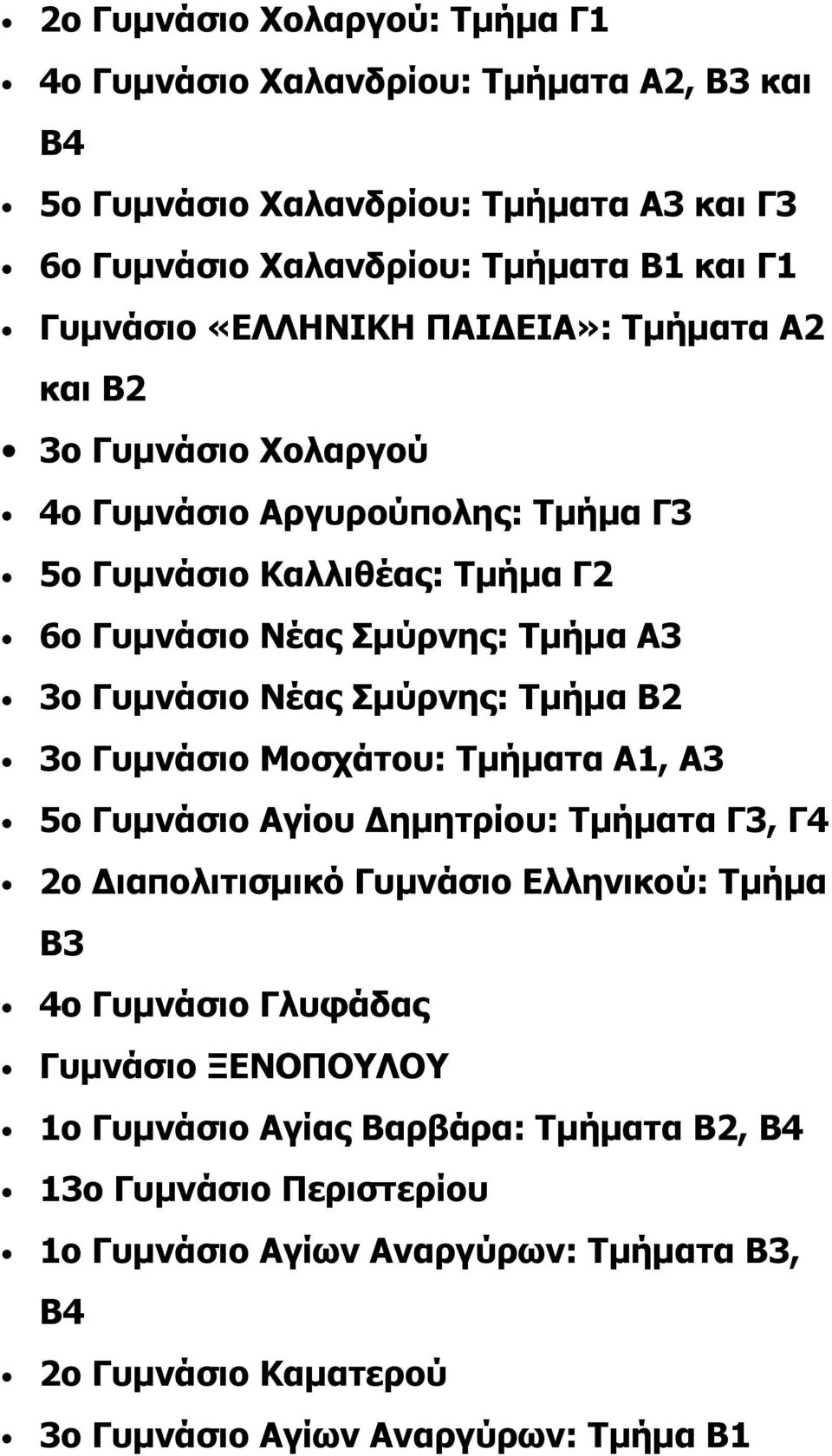 Νέας Σμύρνης: Τμήμα Β2 3ο Γυμνάσιο Μοσχάτου: Τμήματα Α1, Α3 5ο Γυμνάσιο Αγίου Δημητρίου: Τμήματα Γ3, Γ4 2ο Διαπολιτισμικό Γυμνάσιο Ελληνικού: Τμήμα Β3 4ο Γυμνάσιο Γλυφάδας