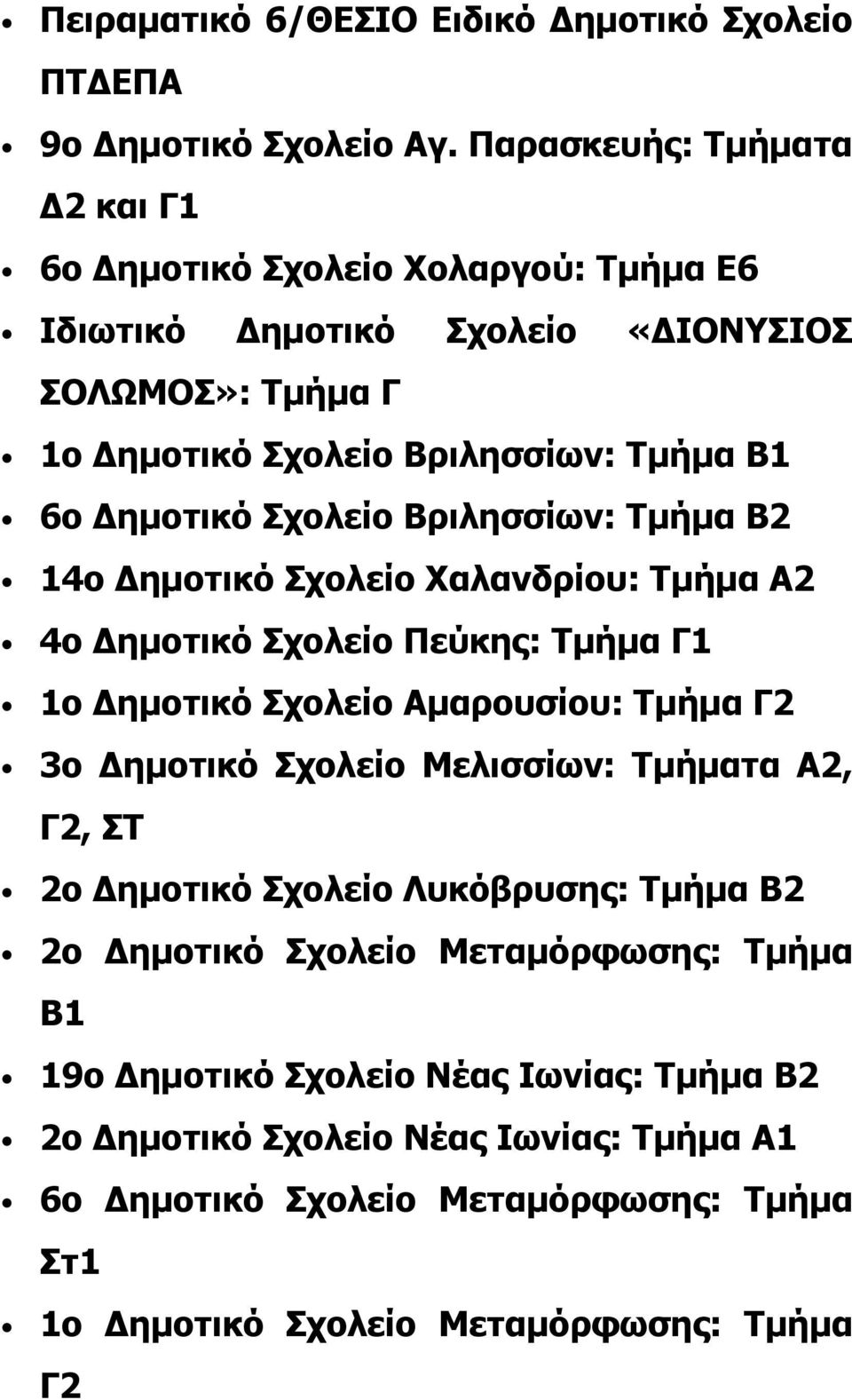 Σχολείο Βριλησσίων: Τμήμα Β2 14ο Δημοτικό Σχολείο Χαλανδρίου: Τμήμα Α2 4ο Δημοτικό Σχολείο Πεύκης: Τμήμα Γ1 1ο Δημοτικό Σχολείο Αμαρουσίου: Τμήμα Γ2 3ο Δημοτικό Σχολείο