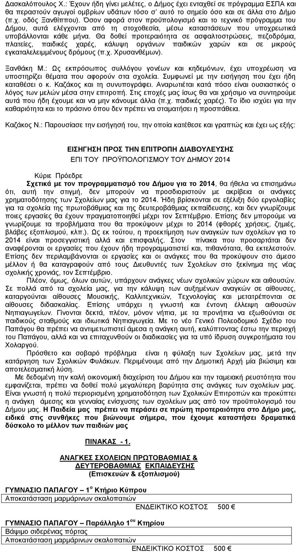 Θα δοθεί προτεραιότητα σε ασφαλτοστρώσεις, πεζοδρόμια, πλατείες, παιδικές χαρές, κάλυψη οργάνων παιδικών χαρών και σε μικρούς εγκαταλελειμμένους δρόμους (π.χ. Χρυσανθέμων). Ξανθάκη Μ.