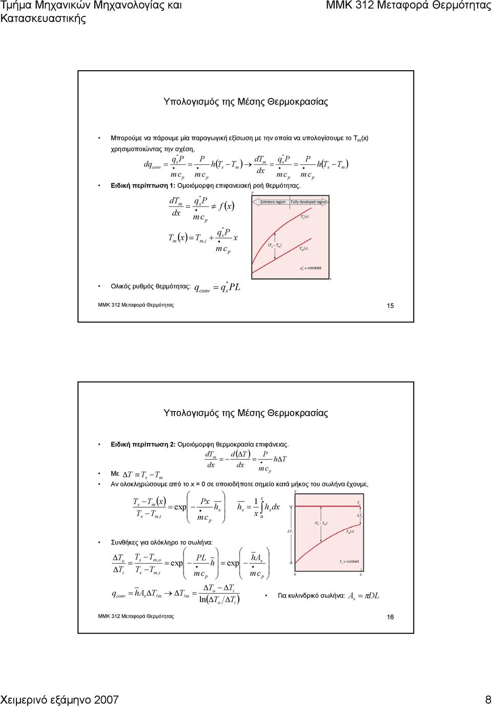 " d qp f dx c ( x) " q P ( x ), i + x c " Ολικός ρυθμός θερμότητας: qcnv qpl ΜΜK 31 Μεταφορά Θερμότητας 15 Υπολογισμός της Μέσης Θερμοκρασίας Ειδική περίπτωση : Ομοιόμορφη θερμοκρασία