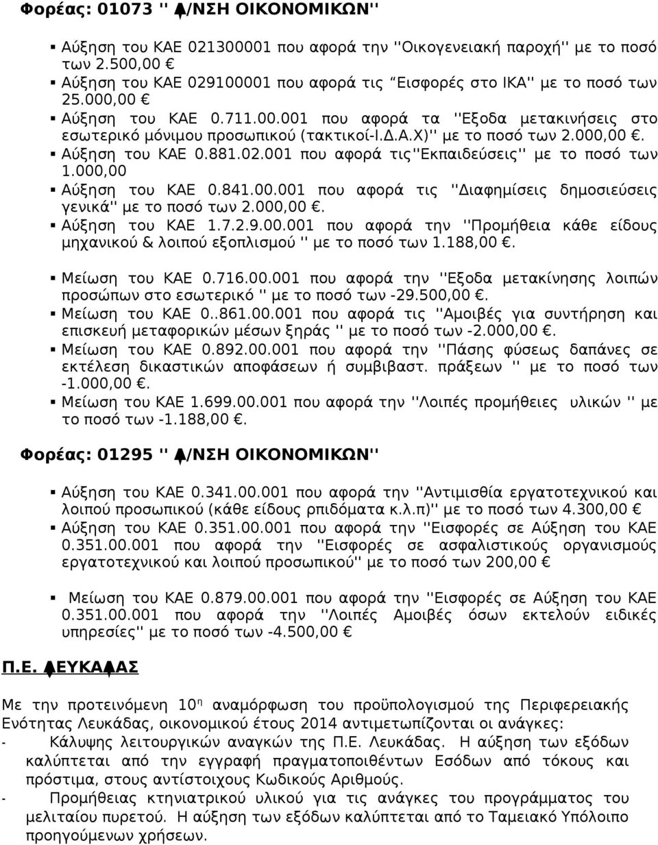 001 που αφορά τις''εκπαιδεύσεις'' με το ποσό των 1.000,00 Αύξηση του ΚΑΕ 0.841.00.001 που αφορά τις ''Διαφημίσεις δημοσιεύσεις γενικά'' με το ποσό των 2.000,00. Αύξηση του ΚΑΕ 1.7.2.9.00.001 που αφορά την ''Προμήθεια κάθε είδους μηχανικού & λοιπού εξοπλισμού '' με το ποσό των 1.