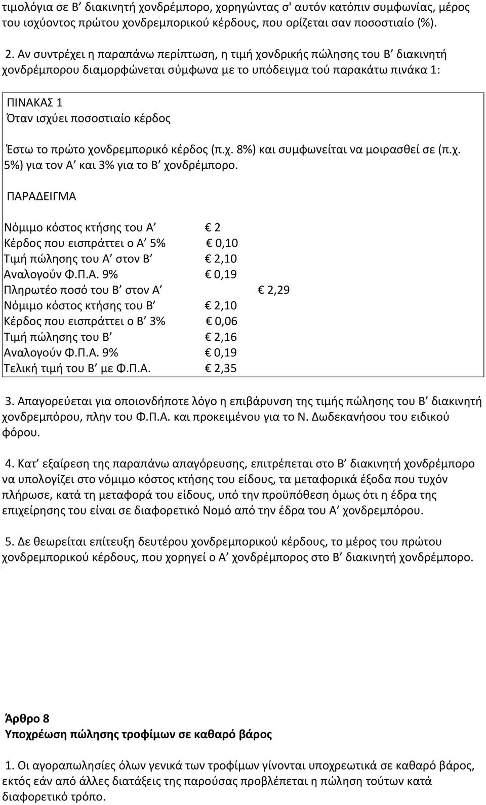 πρώτο χονδρεμπορικό κέρδος (π.χ. 8%) και συμφωνείται να μοιρασθεί σε (π.χ. 5%) για τον Α και 3% για το Β χονδρέμπορο.