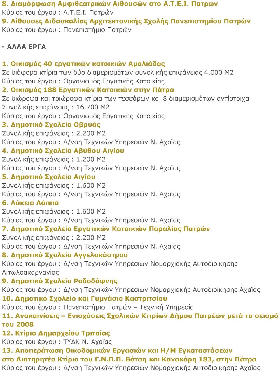 Οηθηζκόο 188 Δξγαηηθώλ Καηνηθηώλ ζηελ Πάηξα ε δηώροθα θαη ηρηώροθα θηίρηα ηωλ ηεζζάρωλ θαη 8 δηακερηζκάηωλ αληίζηοητα σλοιηθής επηθάλεηας : 16.
