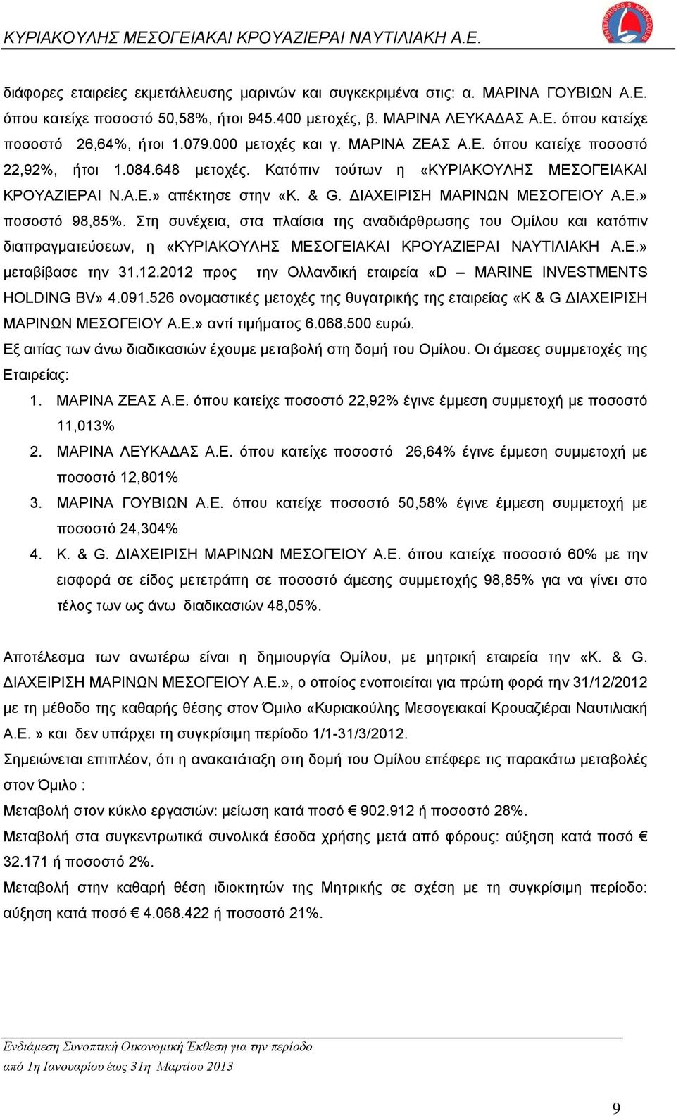 ΔΙΑΧΕΙΡΙΣΗ ΜΑΡΙΝΩΝ ΜΕΣΟΓΕΙΟΥ Α.Ε.» ποσοστό 98,85%. Στη συνέχεια, στα πλαίσια της αναδιάρθρωσης του Ομίλου και κατόπιν διαπραγματεύσεων, η «ΚΥΡΙΑΚΟΥΛΗΣ ΜΕΣΟΓΕΙΑΚΑΙ ΚΡΟΥΑΖΙΕΡΑΙ ΝΑΥΤΙΛΙΑΚΗ Α.Ε.» μεταβίβασε την 31.